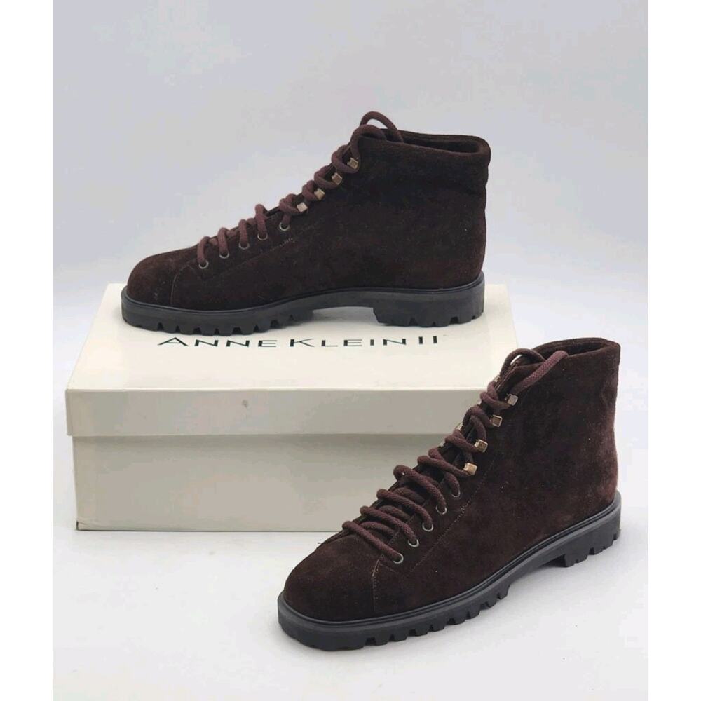 ANNE KLEIN Ander Brown Suede Combat Booties Size 7 Lug Lace-Up Italy New In Box